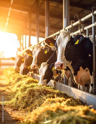 Dairy cows eating hay in a barn