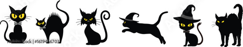 Set halloween black cat silhouette line art vector illustration