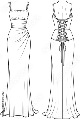 Fashion technical dress sketch, strappy maxi gown front and lace up back, fitted silhouette, vector flat drawing, CAD apparel design illustration