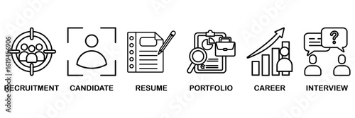 Recruitment icon set vector illustration concept with icon of headhunting, candidate, resume, portfolio, career, interview