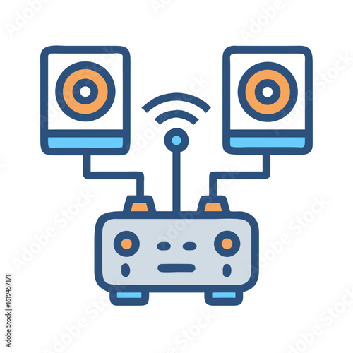Modern wireless audio system concept with speakers and amplifier