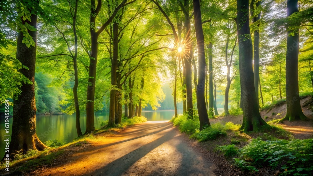 Fototapeta premium Sunlight Filtering Through Trees Along a Path in a Lush Green Forest