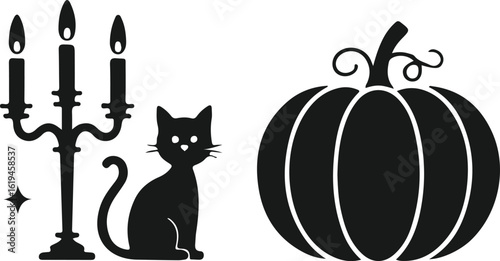 Halloween silhouette icons of a black cat candelabra and pumpkin