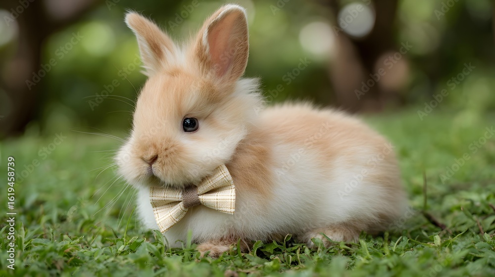 Fototapeta premium Adorable fluffy bunny wearing a tiny bow tie sitting on green grass