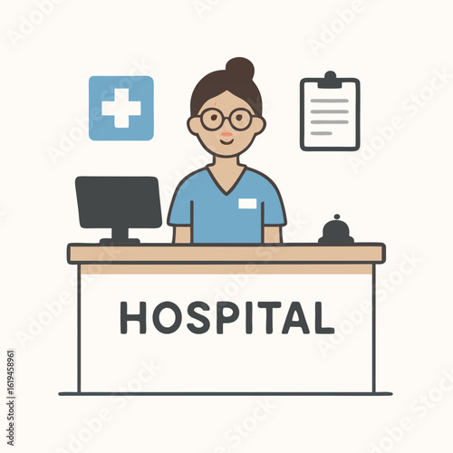 Smiling female nurse standing behind hospital reception desk with computer and medical chart