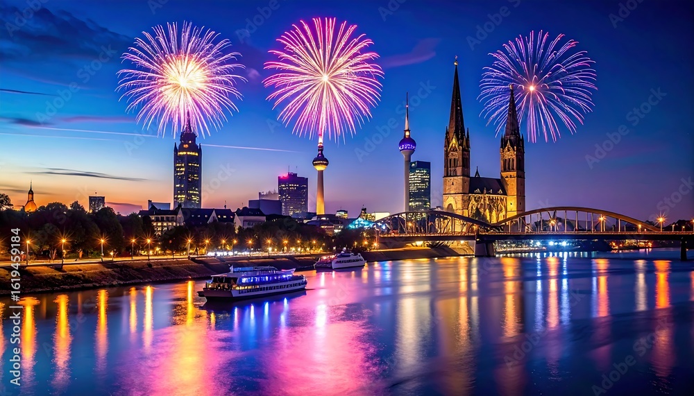 Naklejka premium Fireworks over a city skyline at twilight