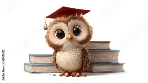 Cartoon fluffy owl wearing graduation cap on books