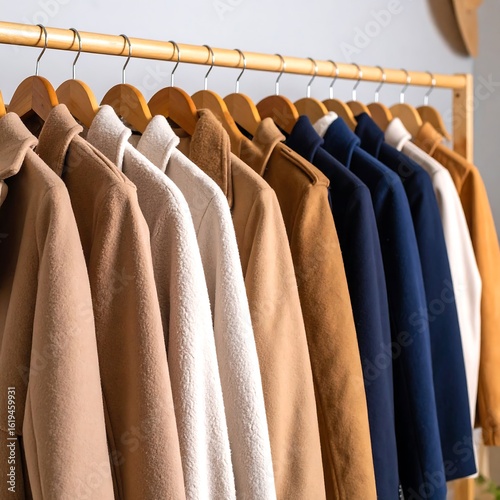 A clothing rack displays numerous coats in various neutral shades of tan, beige, and navy