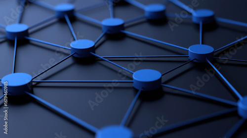 Abstract depiction of interconnected blue nodes and lines on a dark background representing technology, communication, and network systems in a modern design