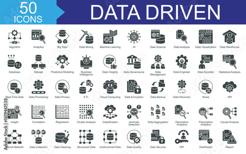 Data driven icon set collection. Consist of algorithm, analytics, big data, data mining, machine learning, ai, data science icon. Simple vector glyph illustration.