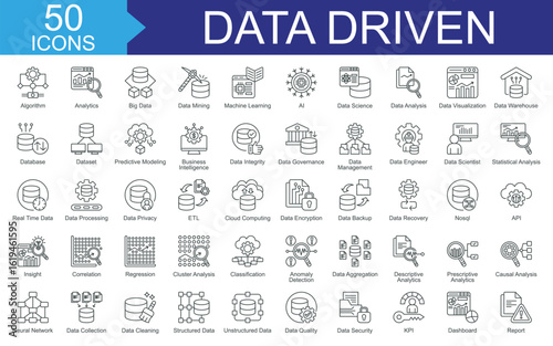 Data driven icon set collection. Consist of algorithm, analytics, big data, data mining, machine learning, ai, data science icon. Simple vector outline illustration.