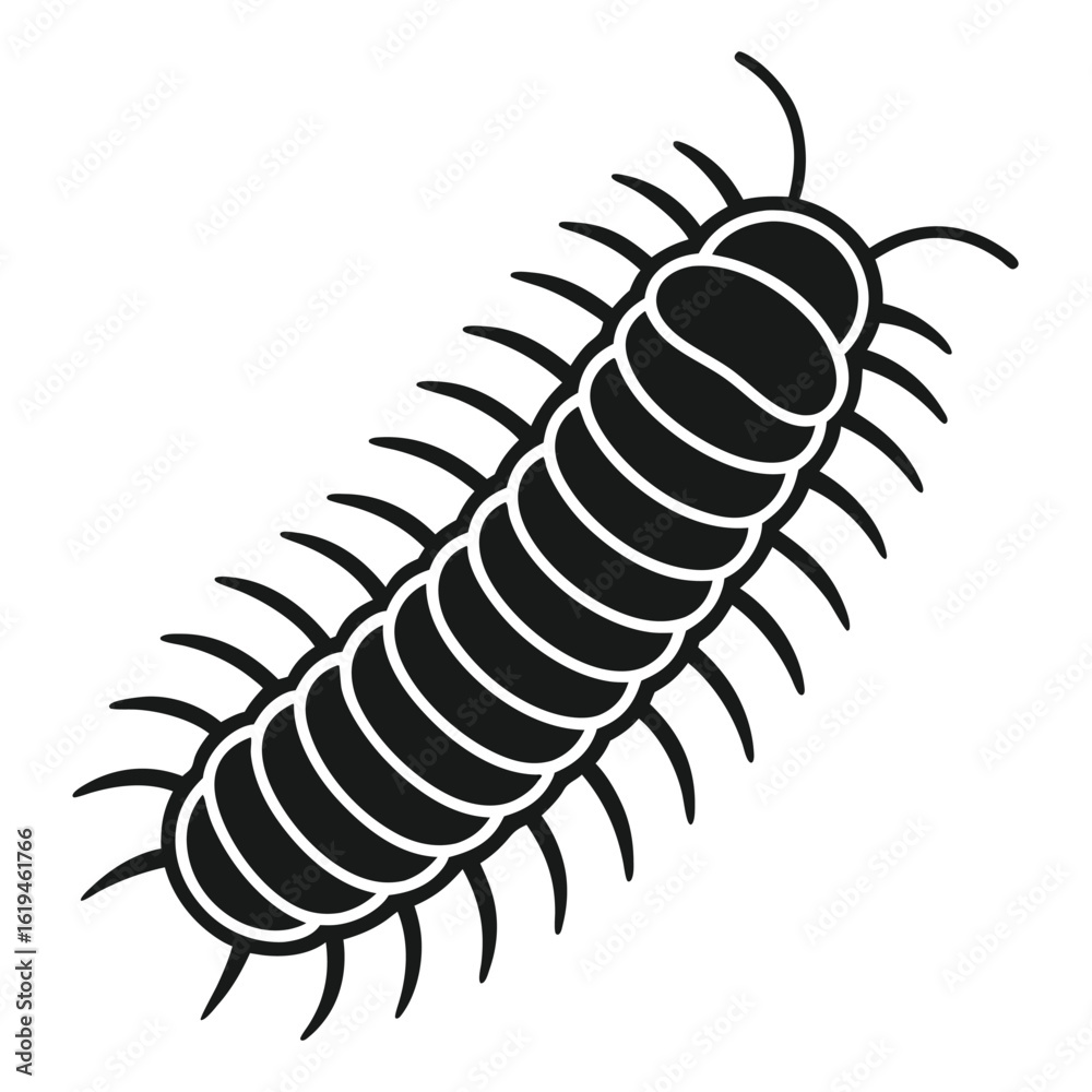 Obraz premium Black millipede silhouette with many legs and antennae on white background insect