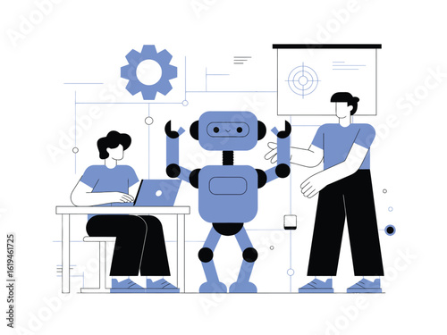 Engineers Working on AI Robot – Artificial Intelligence Development, Robotics Innovation, Tech Industry Collaboration Scene, Future Technology and Machine Learning Illustration, Editable Vector 