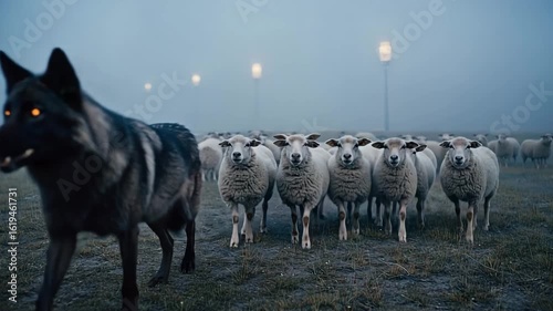 Wolf watches over sheep in foggy pasture