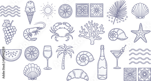Collection of summer vacation icons including food, drinks, beach elements, and tropical motifs, isolated on white background