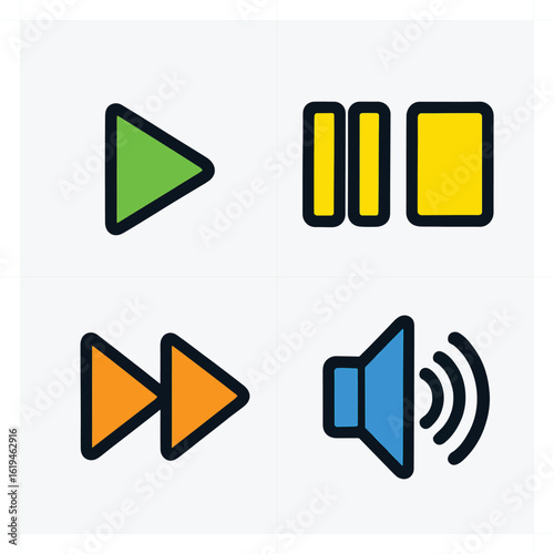 Set of flat media player control icons including play, pause, fast forward, rewind, and volume, isolated on a white background