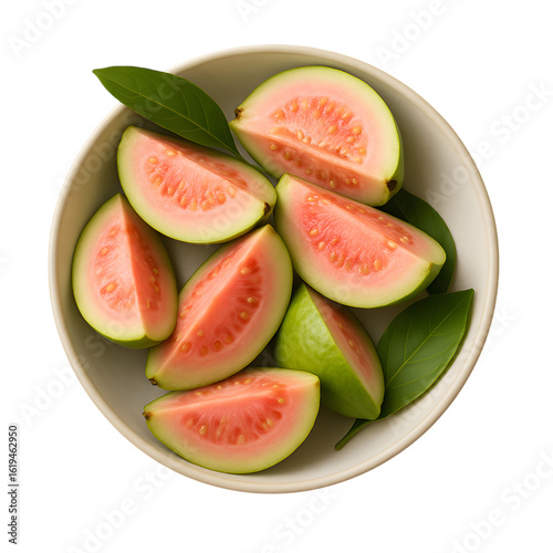 Sliced guava in a bowl with leaves a refreshing tropical fruit snack