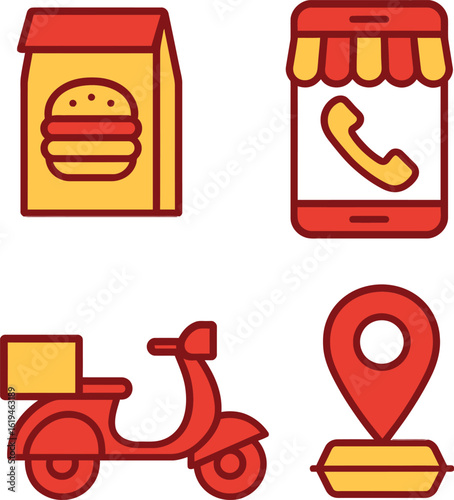 Food delivery service icons including a burger bag, phone with shop front, scooter with package, and location pin, isolated on white background