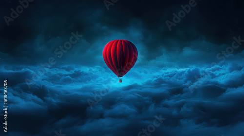 Red hot air balloon soaring above a mystical cloudscape illuminated by soft blue light in a serene night sky, evoking a sense of adventure and tranquility
