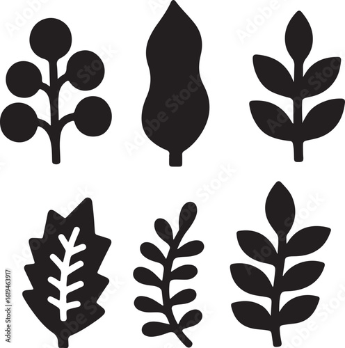  Stylized various plant silhouette vector illustration with white background