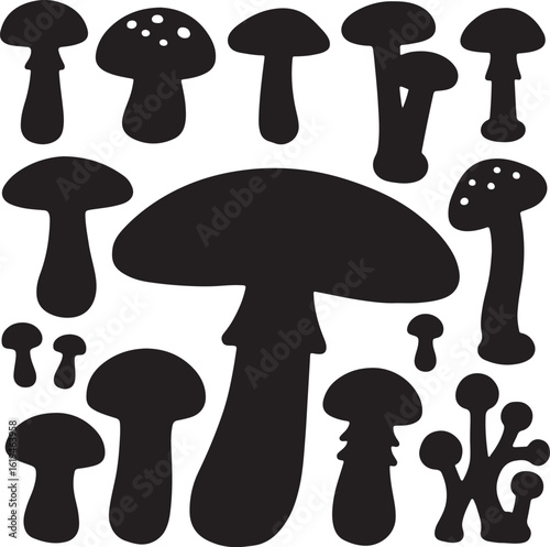 Various types of mushroom icons black silhouette illustration.