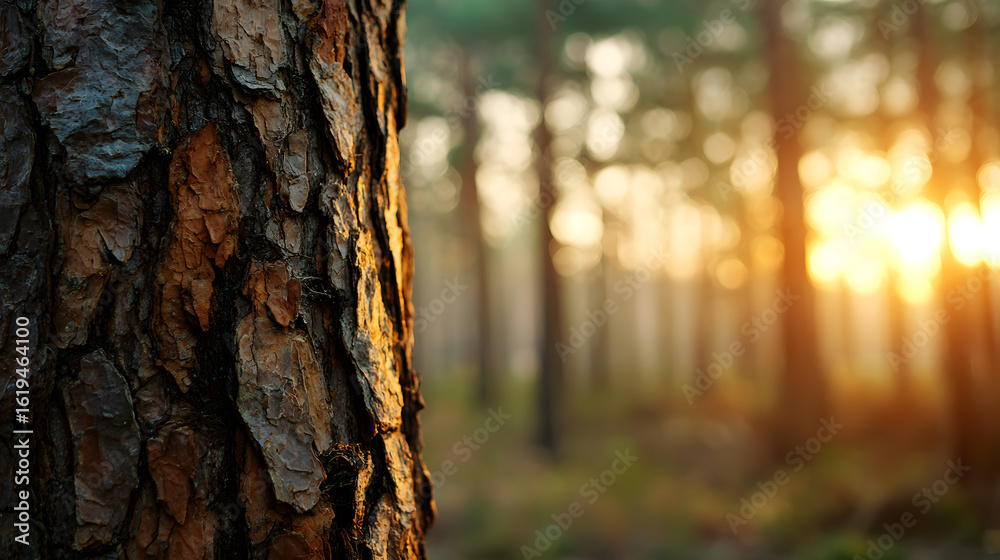 Fototapeta premium Close Up of Tree Trunk in Blurred Forest at Sunset