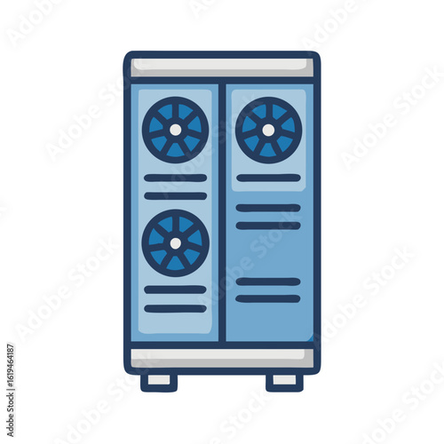 Blue server rack cabinet flat vector icon illustration