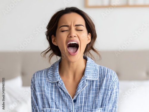 A young woman with her eyes closed is yelling with her mouth wide open, she appears to be wearing pajamas and is in a bedroom.