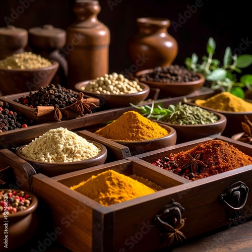 Diverse spices in wooden box