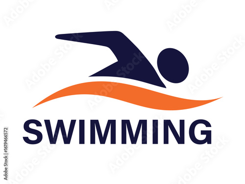 A blue and orange swimming logo with a stylized swimmer and wave, ideal for swim schools, clubs, or aquatic sports branding