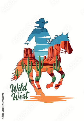 Vector illustration of a cowboy on a horse silhouette with a double exposure of a desert landscape. American Wild West concept graphic.