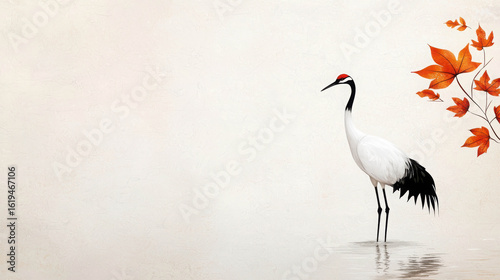 Elegant crane standing in tranquil water with autumn leaves and soft background, symbolizing peace, nature, and harmony in the natural world