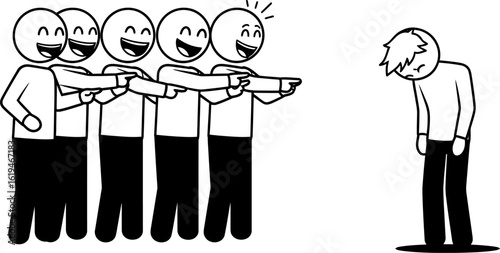 Bullying and exclusion concept stick figures laughing and pointing finger