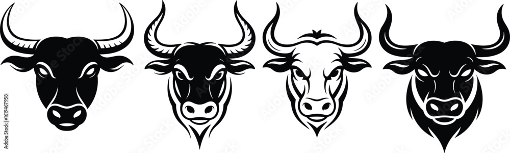 Set of Majestic Bull and Ox Head Silhouettes: Powerful Livestock, Farm Animal, Strong Symbol, Agriculture, Ruminant, Horned Creature, Mascot, Emblem, Icon, Vector, Illustratione Set of Majestic Bull and Ox Head Silhouettes: Powerful Livestock, Farm Animal, Strong Symbol, Agriculture, Ruminant, Horned Creature, Mascot, Emblem, Icon, Vector, Illustratione