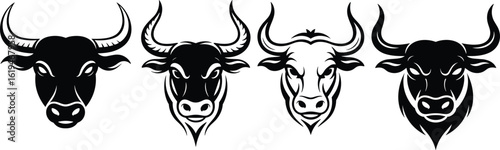 Set of Majestic Bull and Ox Head Silhouettes: Powerful Livestock, Farm Animal, Strong Symbol, Agriculture, Ruminant, Horned Creature, Mascot, Emblem, Icon, Vector, Illustratione