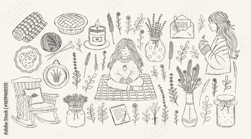 Hand drawn cozy cottagecore doodle set with girl meditating on blanket, tea, cookies, flowers, armchair, candle, jam, rustic elements. Vintage clipart collection for coloring pages, stickers, cards.
