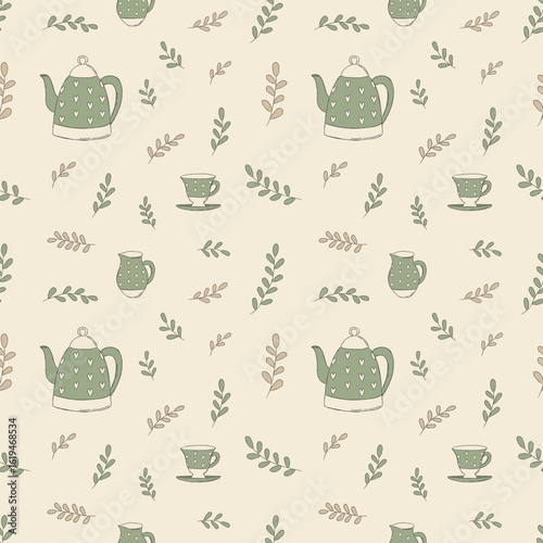 Seamless pattern with hand drawn green teapot, teacup, milk jug and cute botanical leaves. Vintage cottagecore tea time wallpaper for fabric, packaging, kitchen decor.