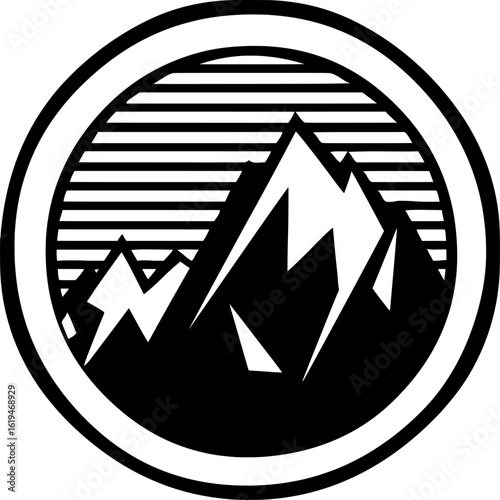 The image shows a black and white stylized mountain inside a circular emblem with horizontal lines suggesting sky or horizon.