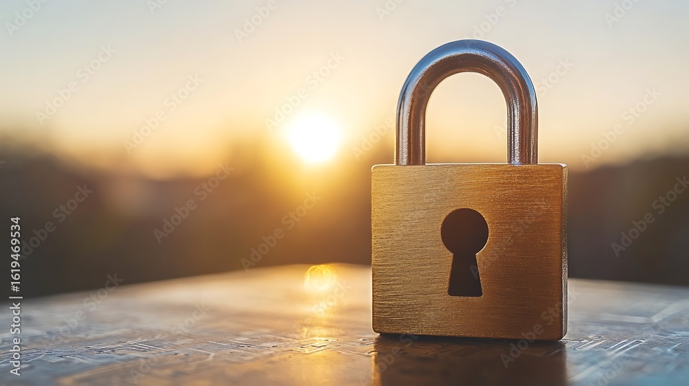 Fototapeta premium Golden padlock on a surface at sunset.