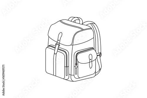 Detailed line art illustration of a classic backpack with multiple pockets and adjustable straps perfect for travel school or outdoor adventures in a minimalist style