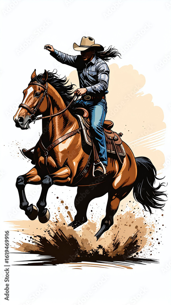 Fototapeta premium Side profile of cowboy galloping on an aggressive horse with dirt splash in high-impact vector illustration of rodeo lifestyle