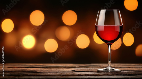 Elegant Red Wine Glass on Wooden Table with Blurred Amber Bokeh Background for Celebrations and Events Enhancements