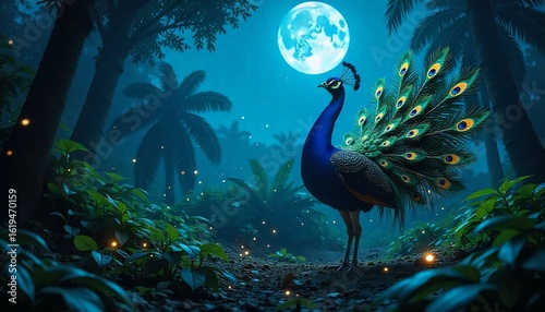 Peacock dancing with fully spread feathers under moonlight, mystical vibes