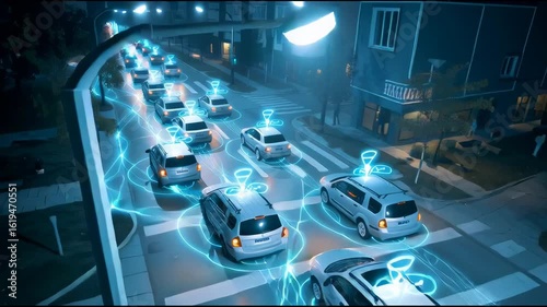 Aerial view of a fleet of autonomous vehicles transmitting GPS signals, visualized with glowing network lines