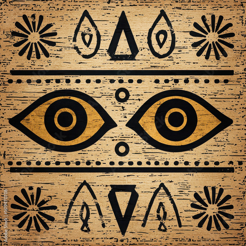 Intricate Eye Patterns and Geometric Designs on Weathered Brown Background for Artistic and Cultural Expressions