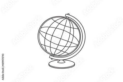 Simple Line Drawing of a Globe on a Stand Black and White Illustration for Education Geography or Travel Concepts Isolated on White Background Vector Graphic