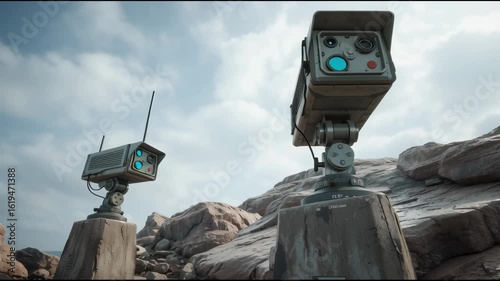 Camouflaged anti-drone sensors hidden in rocky terrain scanning above for enemy drones
