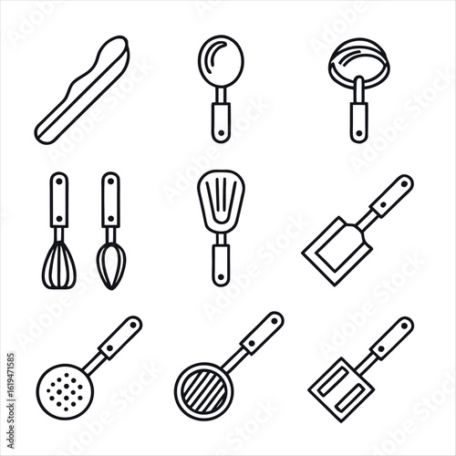 Kitchen Utensils Outline Icon Set Collection of Cooking Tools and Culinary Equipment for Food Preparation
