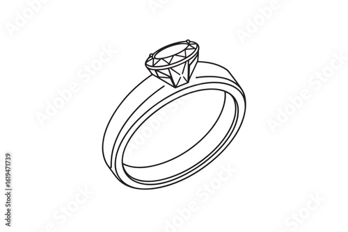 Elegant Diamond Ring Outline Illustration Perfect for Wedding Invitations Jewelry Designs and Romantic Themes Featuring a Classic Solitaire Setting 