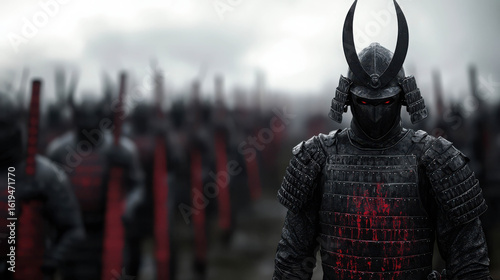 Dark Samurai Warrior in Traditional Armor Surrounded by Armored Soldiers on Misty Battlefield with Red Accents and Ominous Atmosphere